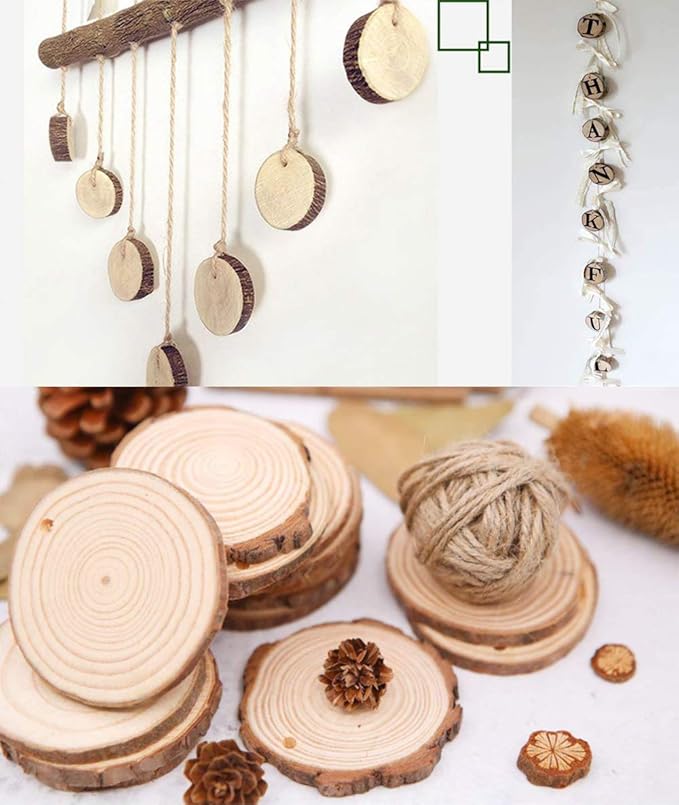 50pcs Wood Slices, BetterJonny 2-2.4 inch Undrilled Wooden Circles Predrilled with Hole Natural Wood Ornaments with 10 Meters Jute Rope for Arts DIY Craft