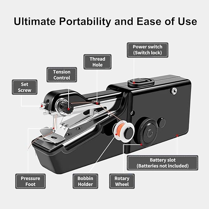 Handheld Sewing Machine, Hand Sewing Machine, Portable and Easy-to-Use, Battery and USB Operated, Ideal for Beginners and Home Use - Black
