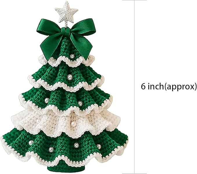 DIY Crochet Christmas Tree Kit – Handmade Holiday Decoration Set,Parent-child activities craft kit,Tree Bow Pearl Embellishment,Cross-stitch by hand,Festive decorations (Multicolour) (Green & White)
