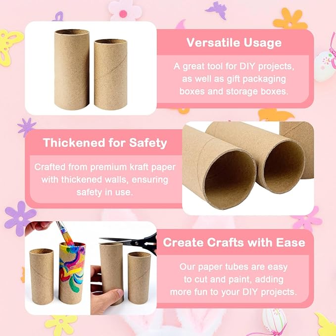 120-Pack Kraft Cardboard Tubes for Crafts-1.57x3.74 Inches&1.5x3.4 Inches-Resistant Toilet Paper Rolls for DIY, School Supplies & Art Projects-Include 50 Sheets A4 Colorful Paper-Brown