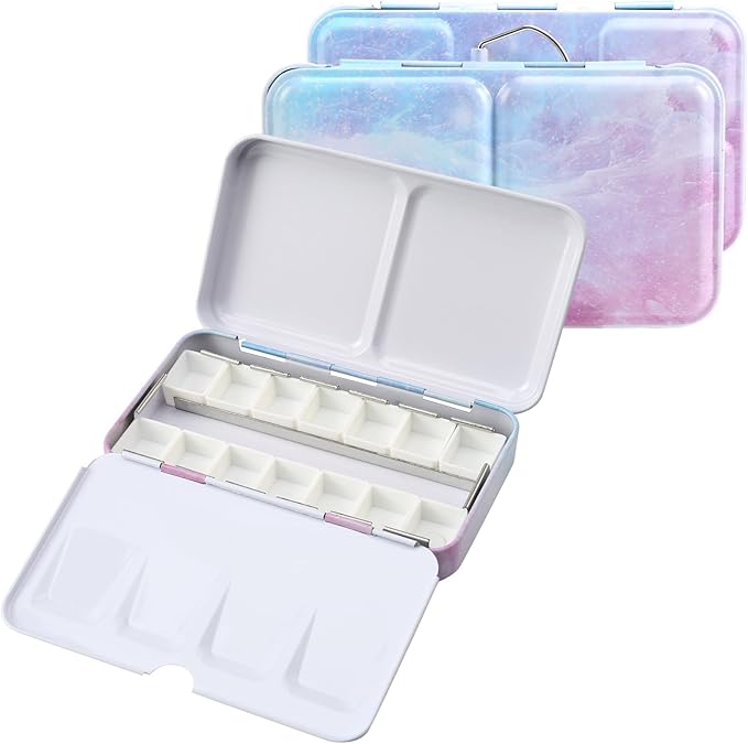 Watercolor Palette Empty with Paint Tray and 14PCS Watercolor Half Pans - Sturdy Empty Watercolor Palette Tin - Customizable Metal Watercolor Palettes