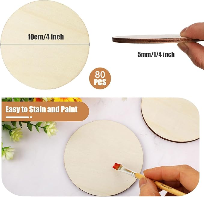 MoDooris 80 Pcs Unfinished Round Wood Slices 4" Natural Wooden Non-Slip Coasters 5mm Wooden Circle Board for DIY Craft, Engraving, Wood Burning, Pyrography, Drawing