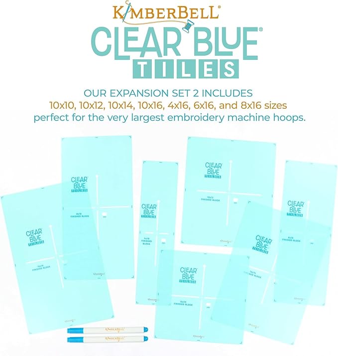 Kimberbell Clear Blue Tiles Expansion Set Bundle – Expansion Set 1 & 2 – 29-Piece Quilting System for Larger Hoops, Block-by-Block Custom Quilting on Your Embroidery Machine