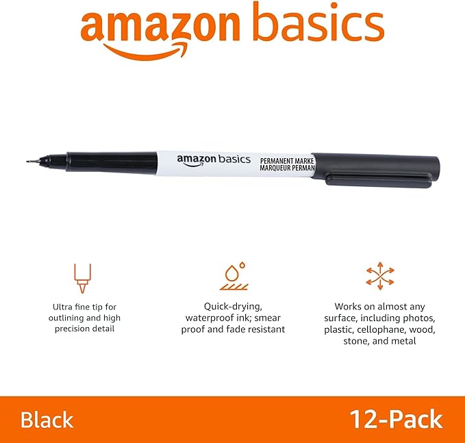 Amazon Basics Ultra Fine Point Permanent Markers, Black, 12-Pack