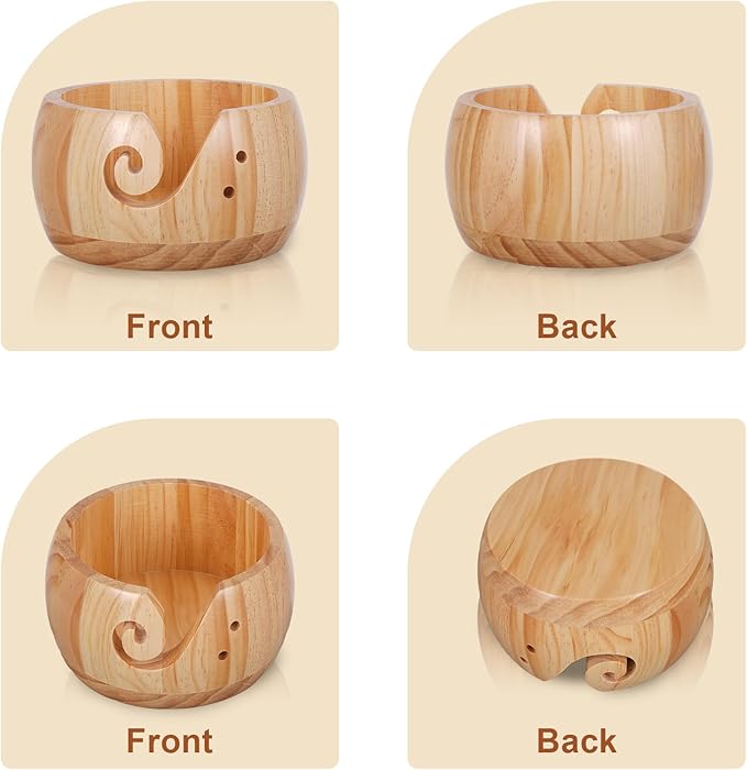 Wooden Yarn Bowl with 8Pcs Metal Crochet Hooks, Knitting Yarn Bowl with Holes Storage Handmade to Prevent Slipping, Perfect Yarn Holder Bowl for Crocheting and Knitting Mother's Day Gift 5" x 3"