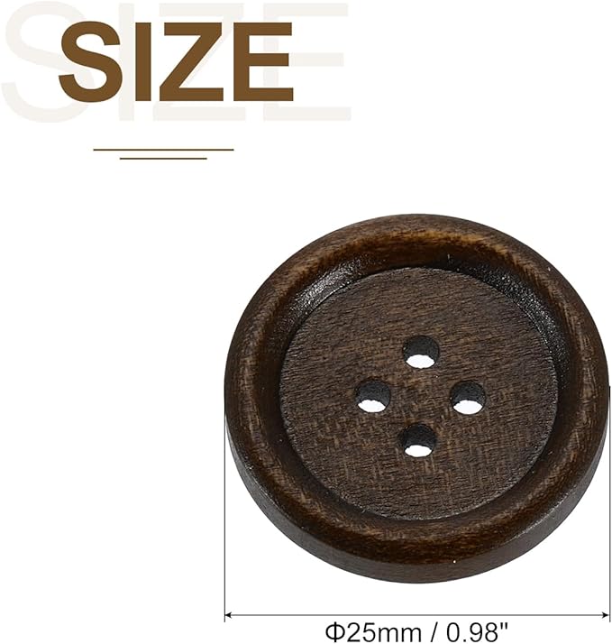 uxcell 50Pcs Wooden Buttons, 25mm(1") 4 Hole Round Wood Sewing Button Craft Flatback for Sewing DIY Craft Clothing, Dark Brown