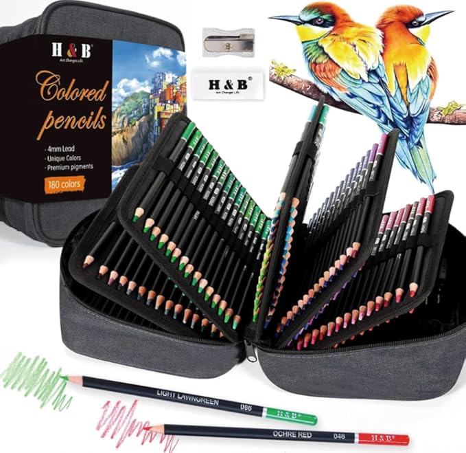 H & B 180 Colored Pencils for Adult Coloring, Drawing Art Supplies Kit for Artists Adults Kids with Vibrant Colors for Sketching, Shading & Coloring in Gift Box, Sketching Kit for Drawing