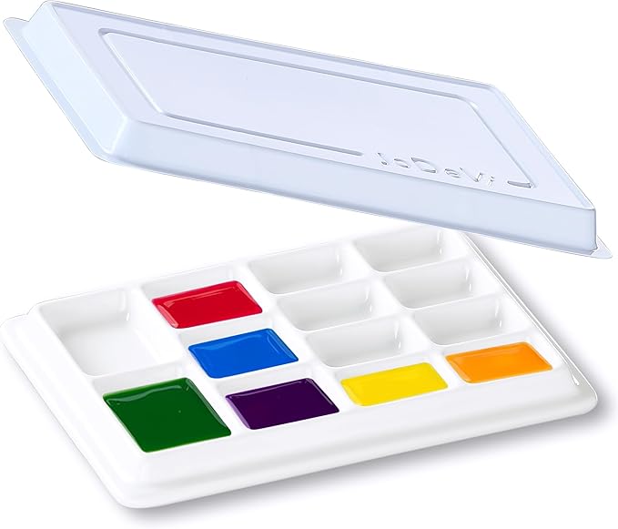Ceramic Paint Palette with Lid,13-Well Porcelain Watercolor Mixing Tray for Acrylic, Oil, Gouache & Watercolor Paints, White Porcelain Palette with Plastic Cover