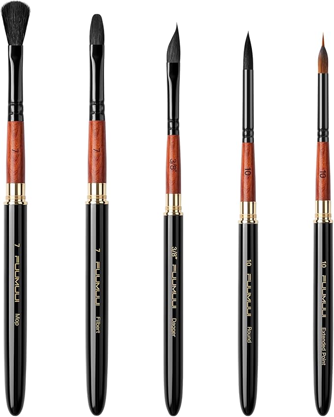 Fuumuui Travel Watercolor Brushes, 5Pcs Professional Plein Air Elegant Natural Squirrel Hair Travel Paint Brush Set with Sable Extended Needle Point Perfect for Watercolor Gouache Ink Painting