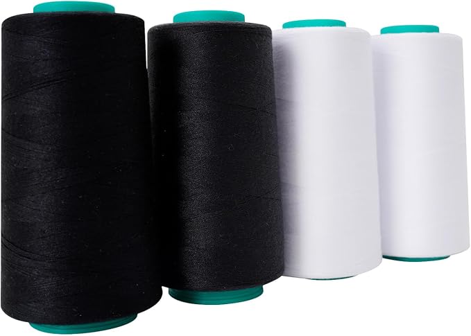 Serger Thread, All-Purpose Sewing Thread Polyester,4 Cones of 3000 Yards Each Spool,Cone Thread for Sewing Machine,140S/2 (BlackX2,WhiteX2)