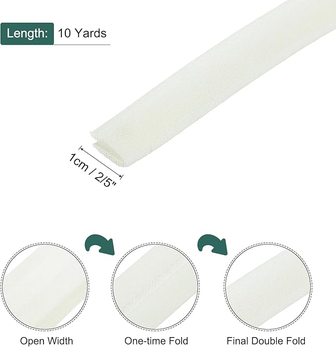 MECCANIXITY 2/5 Inch Double Fold Bias Tape Polyester Continuous Bulk Bias Tape for Sewing,Seaming Quilting Hemming Binding Crafts (Beige White 10 Yards)