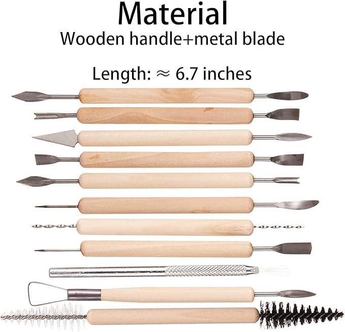 11-Pc Wood-Handled Pottery Carving Set – Stainless-Head Clay Sculpting Knives for DIY Ceramics & Precision Detail Work (11 Clay Sculpture Tools)