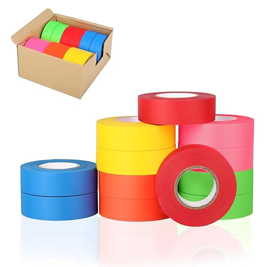 12 Pack Flagging Tape Assorted Colors, Non Adhesive Surveyors Tape, Neon Tree Marking Ribbon, Great Visual Labeling for Boundaries and Hazardous Areas Marking, 1 in. x 150 ft