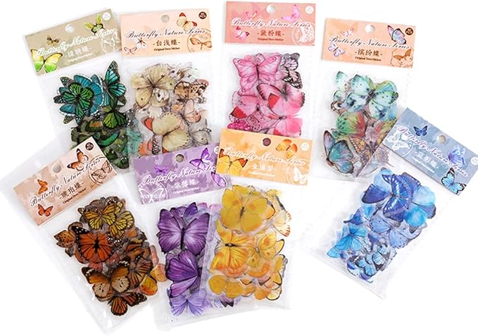 Knaid Butterfly Stickers Set (320 Pieces) Transparent Colorful Butterflies Resin Stickers Decals for Nature Scrapbook Supplies Junk Journal Bullet Journals Planners Laptops Paper Crafts