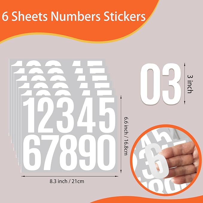 6 Sheets 3 Inch Mailbox Numbers Stickers Vinyl Decals,Self Adhesive Number Waterproof House Address Numbers for Outside Mailbox,Signs,Window,DIY Crafts Making,Door,Car,Home,Business(White)