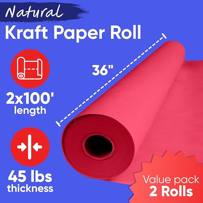 36" x 1200" (100 ft) Red Kraft Paper Roll (Value Pack of 2), 45 lbs Thickness, Made in USA Colored Kraft Paper for School, Bulletin Board - Odorless, Non-Toxic, Safe for Kids