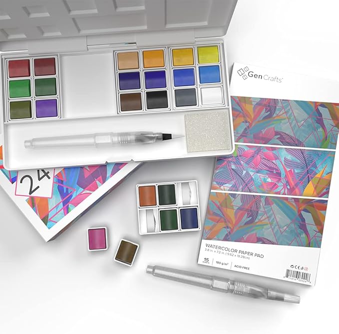 GenCrafts Watercolor Palette with Paper Pad 24 Premium Colors - 2 Refilable Water Brush Pens - 15 Sheets of Water Color Paper - Portable Painting