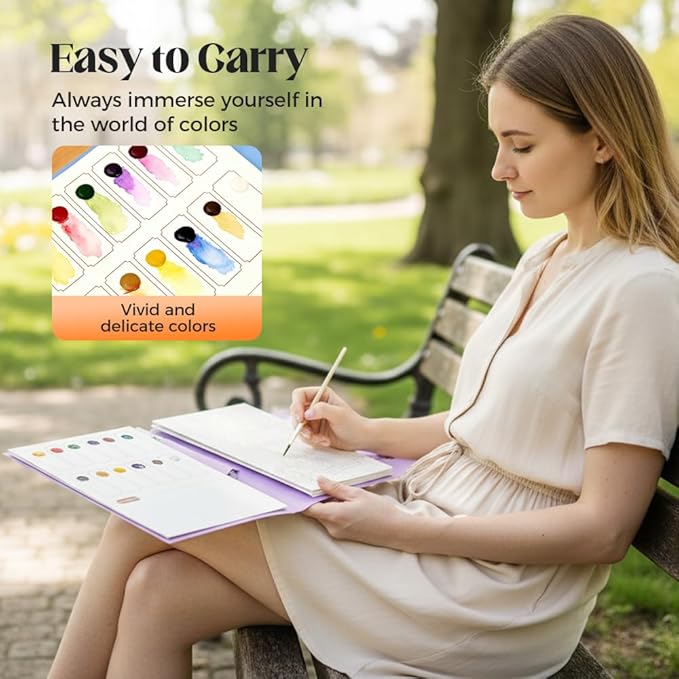 Creative Stress Relief Kit, 3-Fold Watercolor Painting Pad with Coloring Pages, Relaxation Art Set for Beginners and Hobby Artists, Portable Aquarelle Painting Book (D Set)