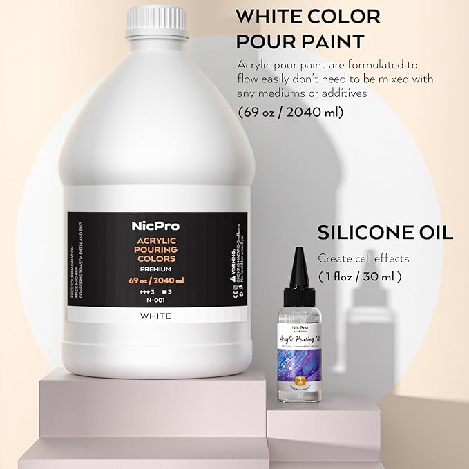 Nicpro Titanium White Color Acrylic Pour Paint, 69 Ounce Pre-Mixed Pouring Paint Supplies with Silicone Pour Oil & Gloves for Canvas, Rock, Wood Cell Creation Flow DIY Art Painting, Ready to Pour