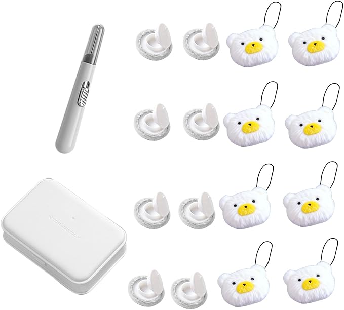 8 Pcs Duvet Clips with Pins Quilt Fixer,Non-Slip Duvet Cover Clips,Duvet Clips to Hold Comforter Inside,No Needles，Bear Pattern(Inc Hook Tool,Storage Box) (White)