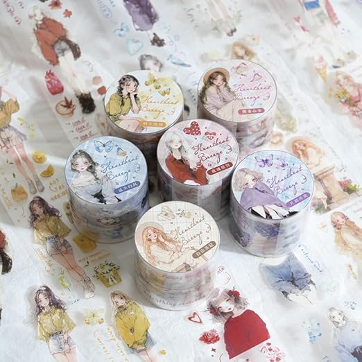 Alideco 6pcs Decorative Adhesive Tapes Vintage Literary Girl PET Tape Great for Bullet Journal Supplies, Arts, Scrapbook, DIY Crafts, Planners (xindongwanfeng)
