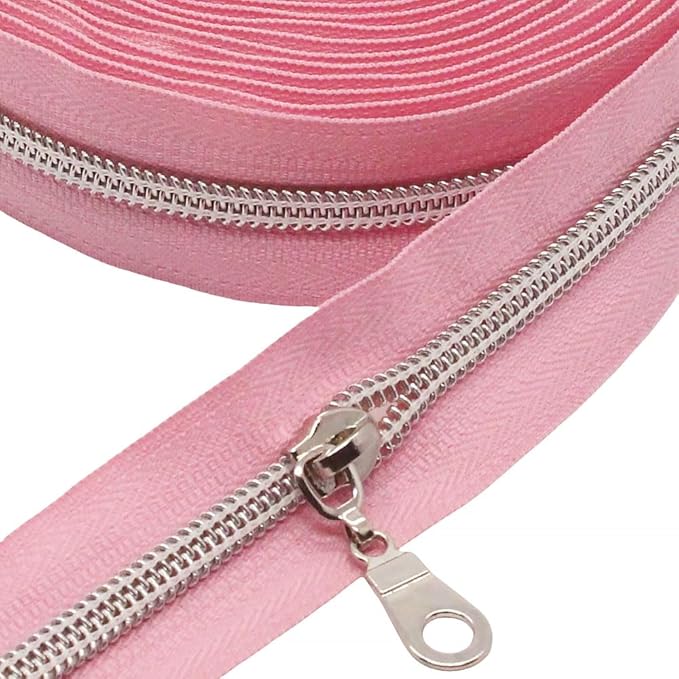 MebuZip #5 Silver Metallic Nylon Coil Zippers by The Yard Bulk Coil Zipper Roll 10 Yards with 25pcs Pulls for DIY Sewing Craft Bags (Pink)
