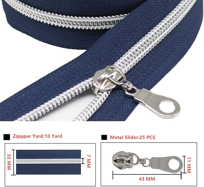 MebuZip #5 Silver Metallic Nylon Coil Zippers by The Yard Bulk Coil Zipper Roll 10 Yards with 25pcs Pulls for DIY Sewing Craft Bags (Navy Blue)