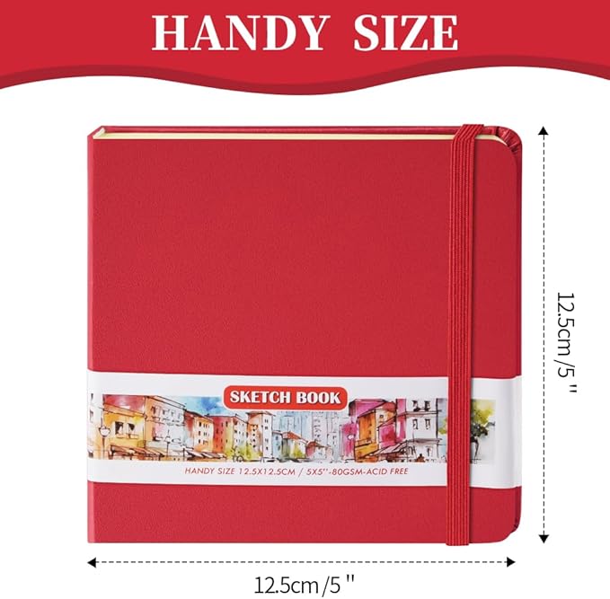 Square 5x5 inches 80gsm 96sheets/192 Pages Notebooks Blank Sketchbooks Travel Journal Pocket Hardcover Paint Writing Diary Memo Planner PU Leather Cover. Red