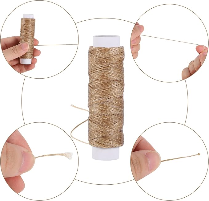 55Yards Waxed Thread with 7 Pcs Leather Needles for Hand Sewing 150D Flat Waxed Thread - Leather Repair Needles for Upholstery, Canvas Bags, Sofa Furniture (Khaki)