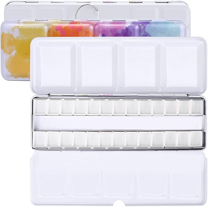 MYARTOOL Empty Watercolor Palette, Colorful Empty Watercolor Tin Palette Paint Case with 24 PCS Empty Half Pans for DIY Travel Watercolor Palette, Acrylic and Oil Painting