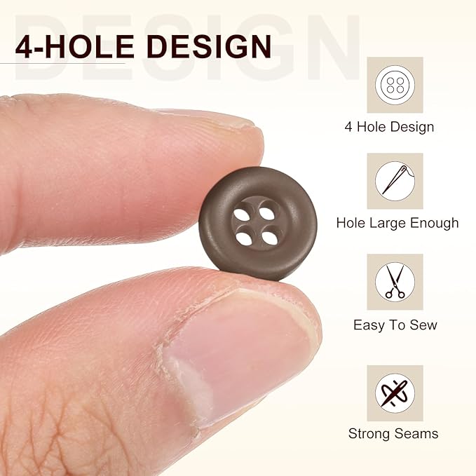 HARFINGTON 50pcs Sewing Button 11mm (15/32 Inch) 4 Holes Resin Thickened Round Crafting Replacement Buttons for Clothing DIY Crafts Decoration, Dark Brown