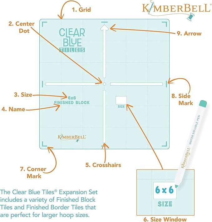 Kimberbell Clear Blue Tiles Expansion Set Bundle – Expansion Set 1 & 2 – 29-Piece Quilting System for Larger Hoops, Block-by-Block Custom Quilting on Your Embroidery Machine