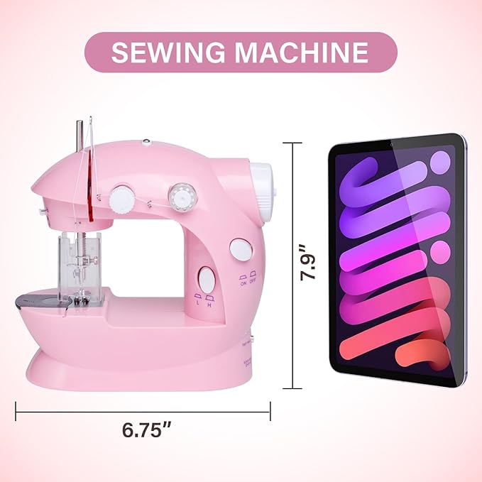 Sewing Machine for Beginners with Expansion Table and Foot Pedal and 42Pcs Sewing kit Finger Guard & Light Mini Small Portable Sewing Machines 2-Thread 2-Speed 2-Switches for Kids Ages 8-12 Peach Pink