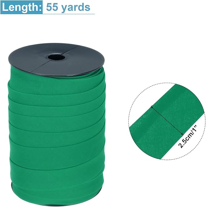 MECCANIXITY 1 Inch Double Fold Bias Tape Polyester Continuous Bulk Bias Tape for Sewing, Seaming Quilting Hemming Binding Crafts (Green 55 Yards)