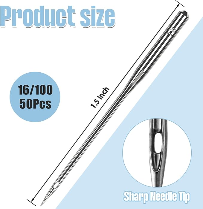 50 Pcs Size 100/16 Universal Leather&Jeans Sewing Machine Needles, Heavy Duty Machine Needles for Thickened Fabrics, Compatible with Home Sewing Machine