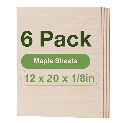 Rowood 6 Pack Maple Plywood 1/8,12x20x1/8inch,3mm Wood Sheets Thin Unfinished Maple Plywood for Laser Cutting and Engraving,DIY Adult Craft Project Kits for Ornaments, Models Drawing,Wood Burning