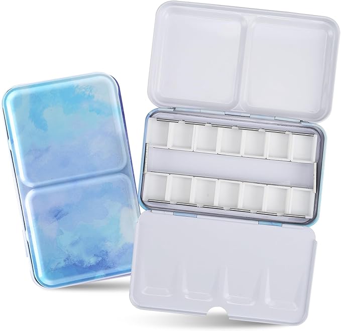 Blue Metal Watercolor Tin Palette - Empty w/ Paint Tray & 14 Half Pans - Robust & Functional - Perfect for Plein Air & Studio Painting