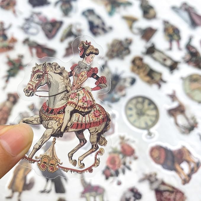 50 Pcs Vintage Victorian Ephemera Stickers – Clear Scrapbooking Supplies with Retro Animals, Flowers, Circus & Antique Objects – Aesthetic Journal Decor for Resin Crafts, Journals, Planners