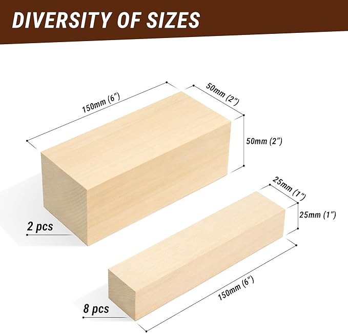 BeaverCraft Basswood Carving Blocks Set BW 10 PCS Wood Carving Kit - Whittling Wood - Soft Basswood Block for Crafts - Large Unfinished Wooden Blocks 2PCS 1.98" х 5.95" 8PCS 1.02" х 5.95"