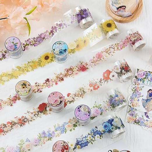Alideco 6pcs Decorative Adhesive Tapes Fresh Literary Girl Botanical Flower Landscape PET Tape Great for Bullet Journal Supplies, Arts, Scrapbook, DIY Crafts, Planners (menghuaxianzong)