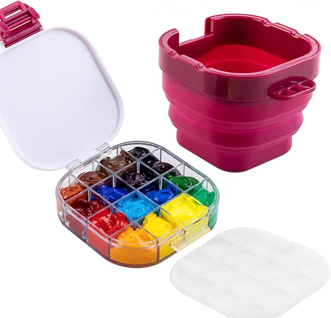 Falling in Art Paint Palette, Airtight 16 Wells Storage Palette Box with Lid and Folding Paint Brush Basin for Watercolor, Gouache and Acrylic Painting (Red)
