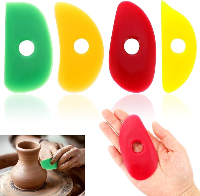 4 Pcs Silicone Pottery Ribs Ceramics Tools Multi Styles Pottery Rubber Clay Ceramic Ribs Soft Silicone Sculpting Tools for DIY Smooths Shapes Pottery Trimming Tools (4 Colors)