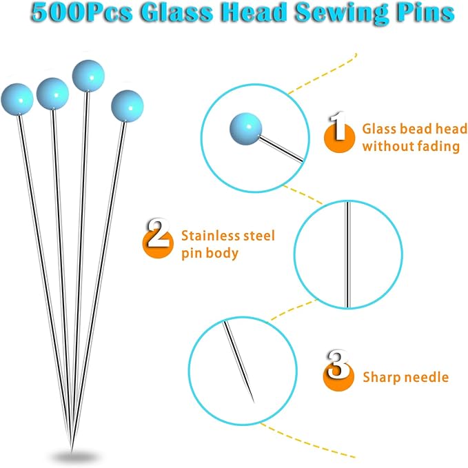 500 PCS Quilting Pins, 1.75 Inch Straight Pins with Blue Glass Ball Head, Stainless Steel Dressmaker Pins for Sewing, Fabric, Crafts, Jewelry Making, DIY Projects