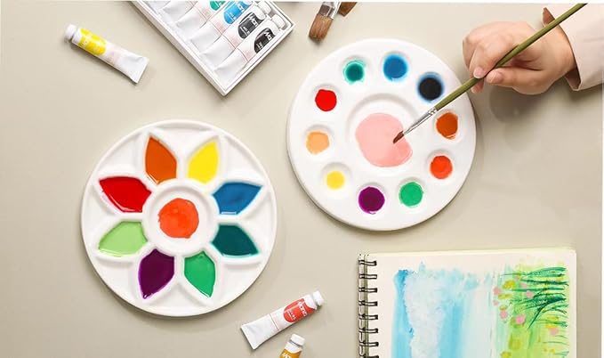 11 Wells Round Porcelain Porcelain Watercolor Palette Paint Tray Palettes Ceramic Watercolor Pallets Paint Holder Painting Palette for Kids or Students to Paints on School Project or Art Class