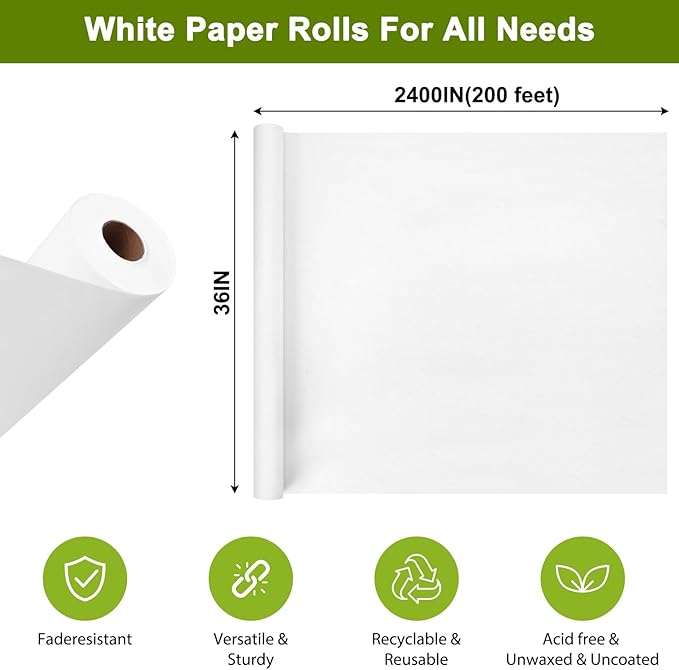 Moretoes 36" x 2,400"(200') White Wrapping Paper Roll, Kraft Packing Paper Roll for Gift Wrapping Craft Bulletin Board Banner Art Bouquet Flower Packing Moving Shipping 75GSM
