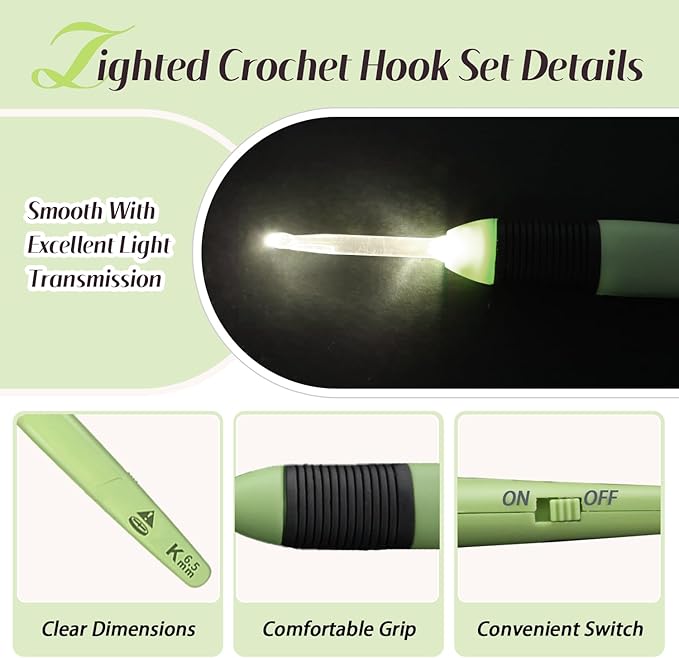 Yarniss Light Up Crochet Hook with Battery, Illuminated Crochet Hook with LED Light Including 5 Sizes 3.5mm, 4.5mm, 5.0mm, 5.5mm, and 6.5mm