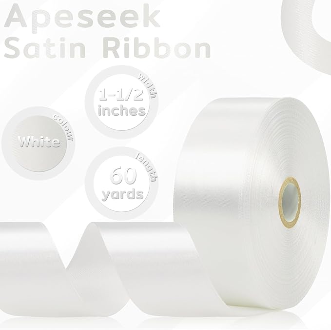 60 Yards White Satin Ribbon 1-1/2 Inch, Solid Polyester Fabric Ribbon for Gift Wrapping, Crafts, Flower Bouquet, Wedding, Baby Shower, Festival, Christmas, Halloween