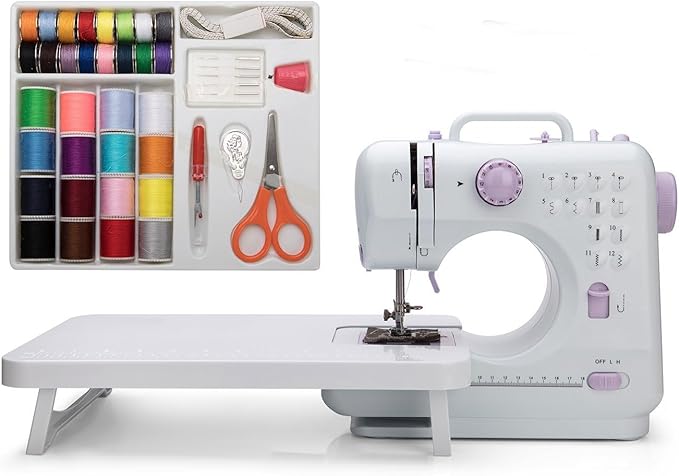 Mini Sewing Machine by Kalatic (Including Extension Table and Sewing Supplies Set) - Small Electric Overlock Sewing Machines with 2 Speed 12 Built-in Stitch Patterns KT-005-A30