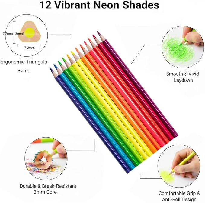 Colored Pencils Set, Neon, Pastel, Classic, Metallic, Skin Tone, Pre-Sharpened Coloring Pencils for Adults, Kids Beginners, Drawing, Sketching, Shading, Blending, Art Supplies (Neon Color)