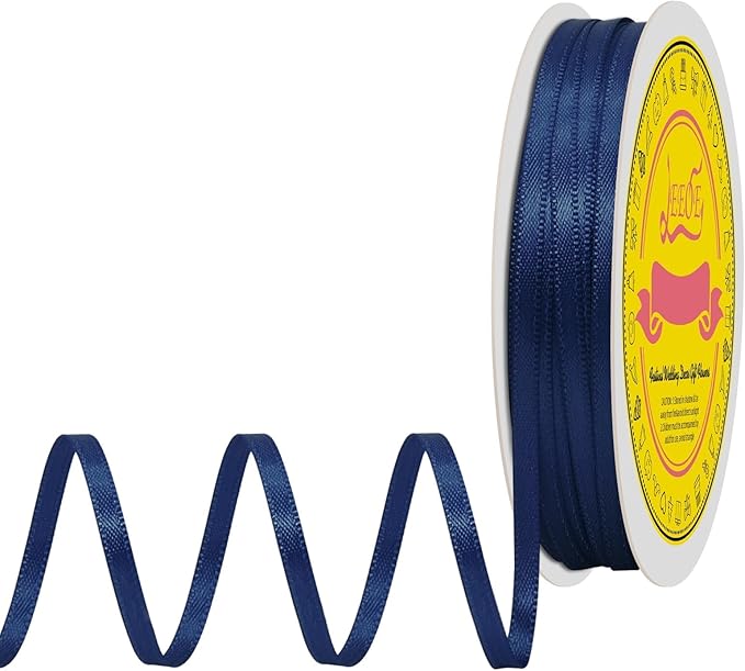 Double Face Navy Blue Satin Thin Ribbon 1/8 inch X 50 Yards Polyester Navy Blue Ribbon for Gift Wrapping Very Suitable for Weddings Party Hair Bow Invitation Decorations and More